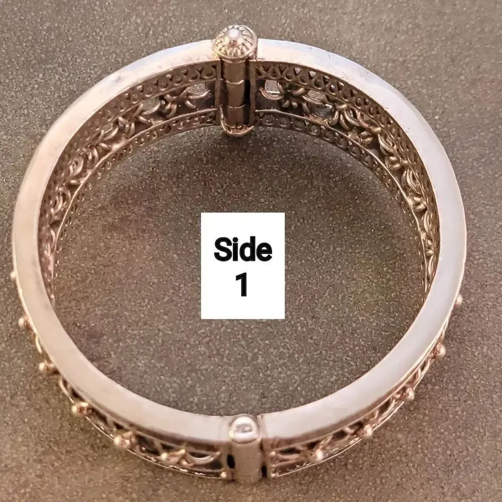 Sterling Vintage Wide Openwork Flower Hinge Bangle Bracelet